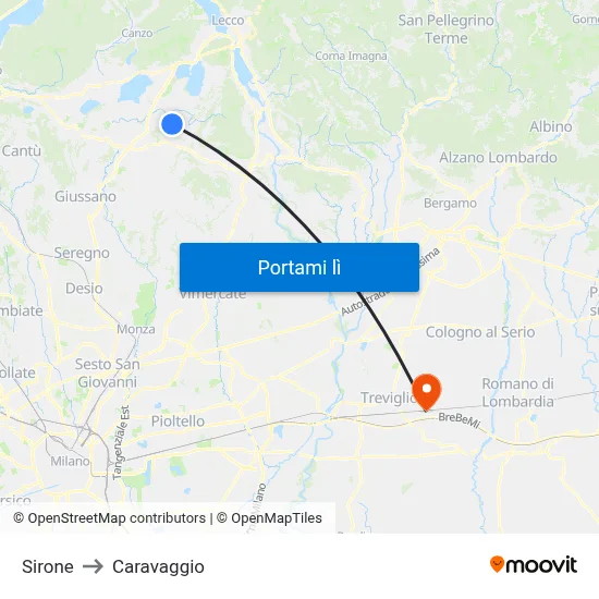 Sirone to Caravaggio map