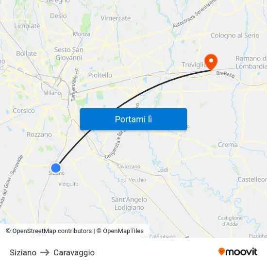 Siziano to Caravaggio map