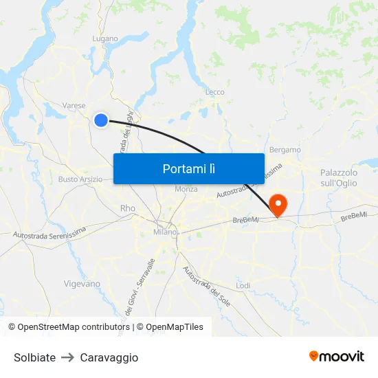Solbiate to Caravaggio map