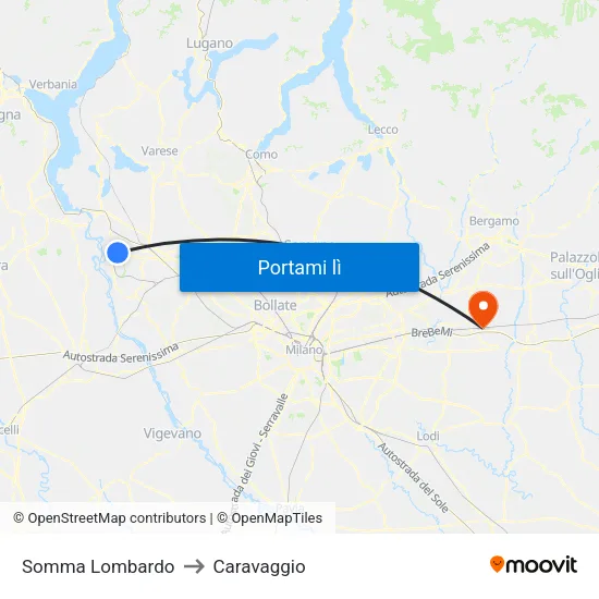 Somma Lombardo to Caravaggio map