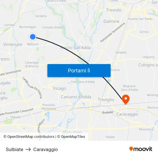 Sulbiate to Caravaggio map