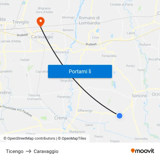 Ticengo to Caravaggio map