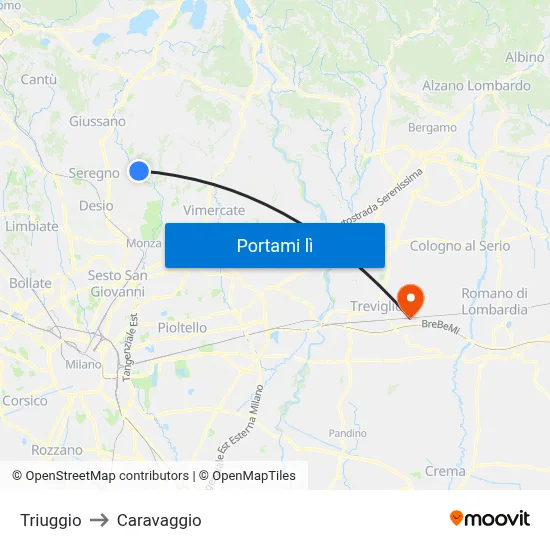 Triuggio to Caravaggio map