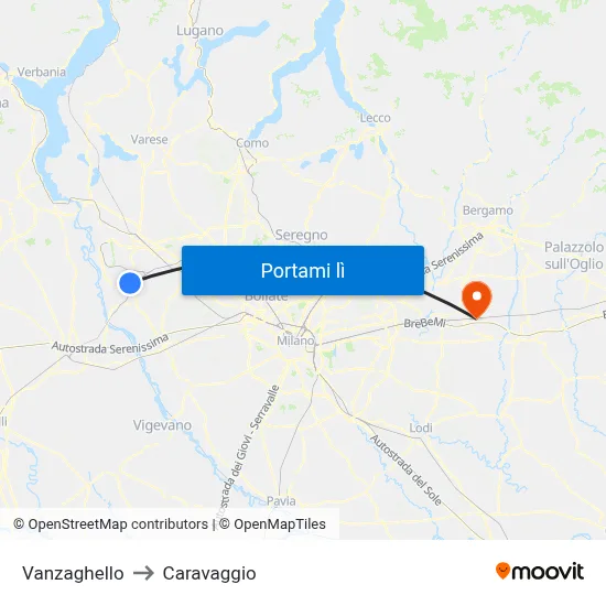 Vanzaghello to Caravaggio map
