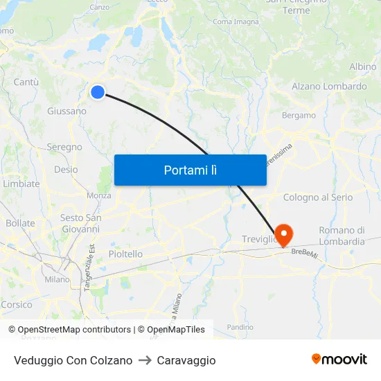 Veduggio Con Colzano to Caravaggio map