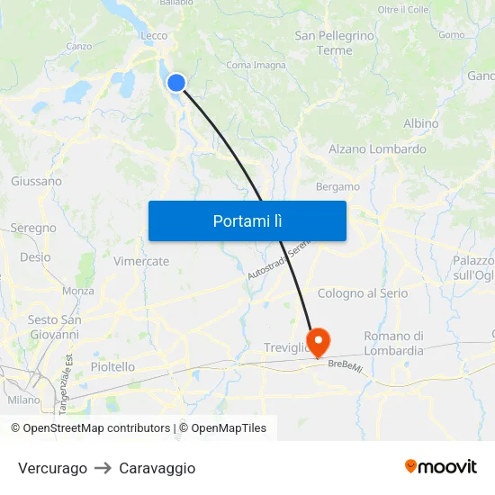 Vercurago to Caravaggio map