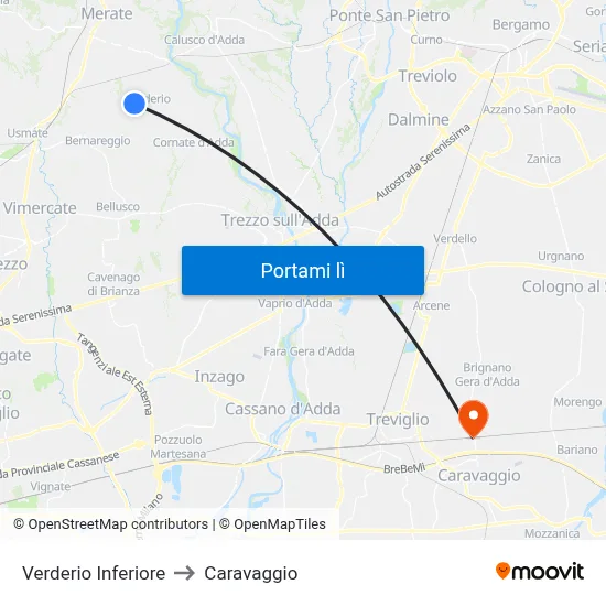 Verderio Inferiore to Caravaggio map