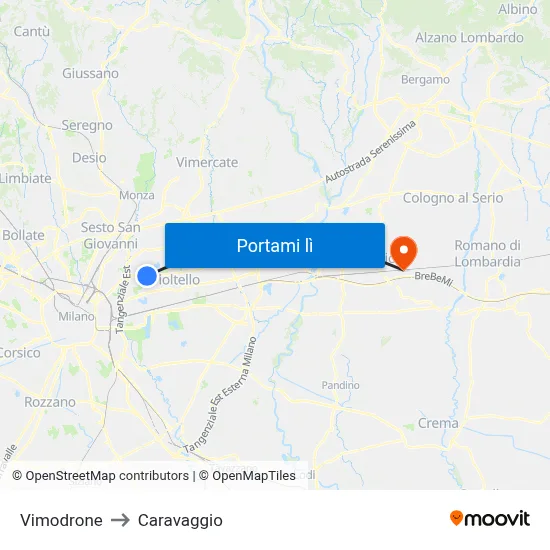 Vimodrone to Caravaggio map