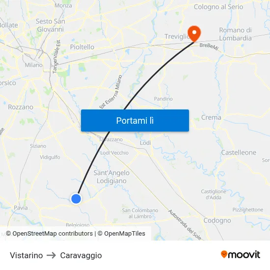 Vistarino to Caravaggio map