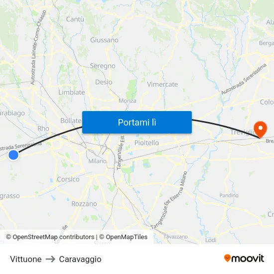 Vittuone to Caravaggio map