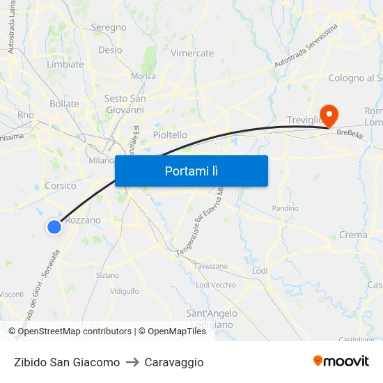 Zibido San Giacomo to Caravaggio map