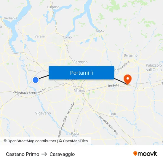Castano Primo to Caravaggio map