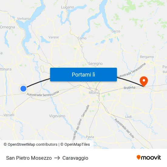 San Pietro Mosezzo to Caravaggio map