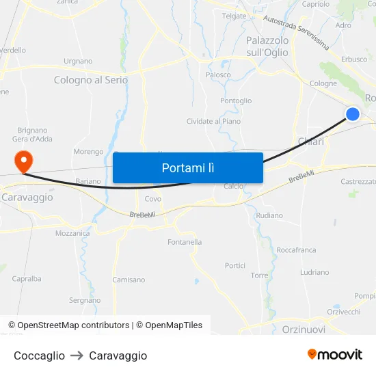Coccaglio to Caravaggio map