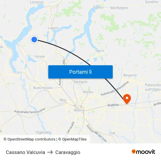 Cassano Valcuvia to Caravaggio map