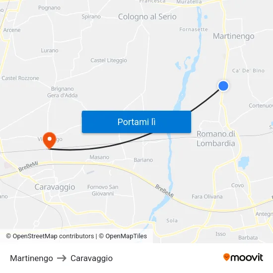 Martinengo to Caravaggio map