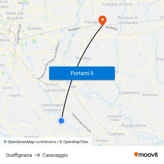 Graffignana to Caravaggio map
