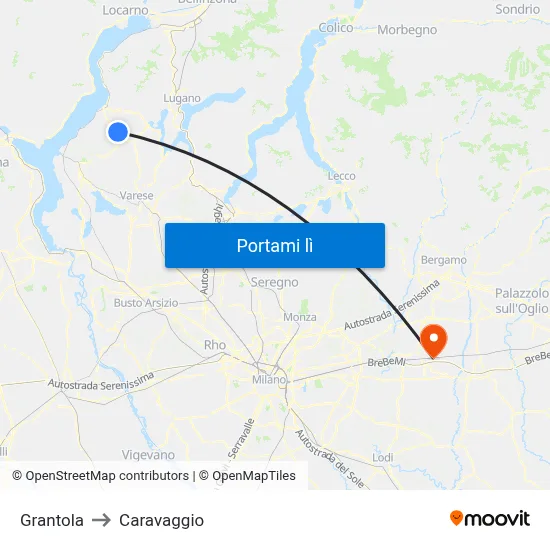 Grantola to Caravaggio map