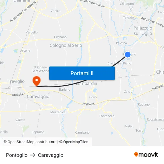 Pontoglio to Caravaggio map
