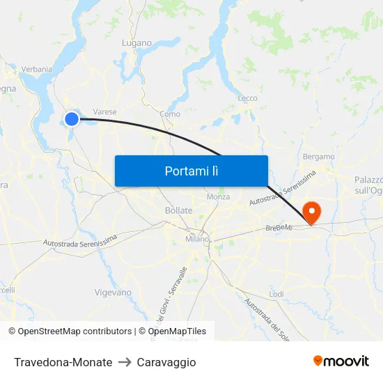 Travedona-Monate to Caravaggio map