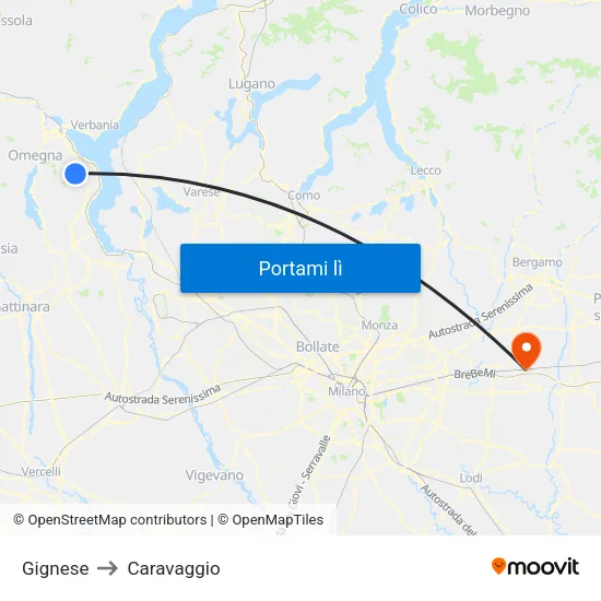 Gignese to Caravaggio map