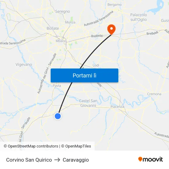 Corvino San Quirico to Caravaggio map