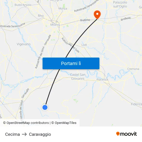 Cecima to Caravaggio map