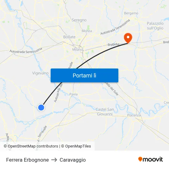 Ferrera Erbognone to Caravaggio map