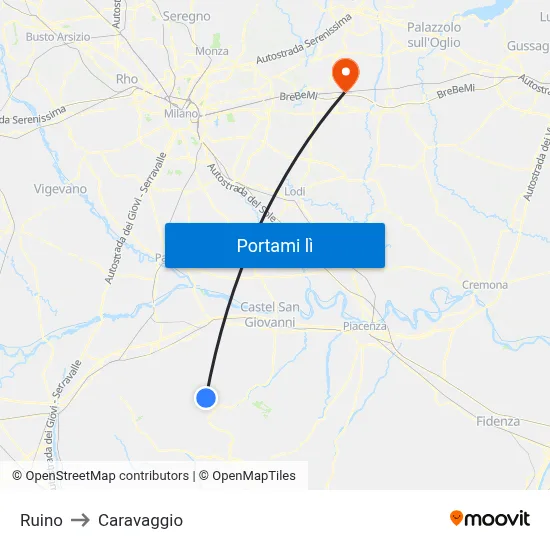 Ruino to Caravaggio map
