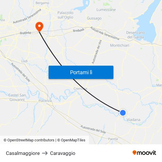 Casalmaggiore to Caravaggio map