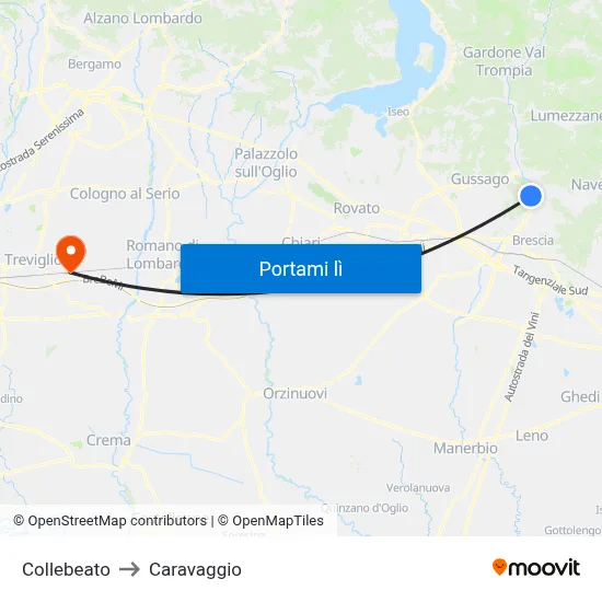 Collebeato to Caravaggio map