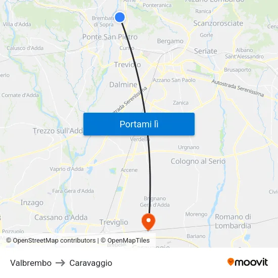 Valbrembo to Caravaggio map