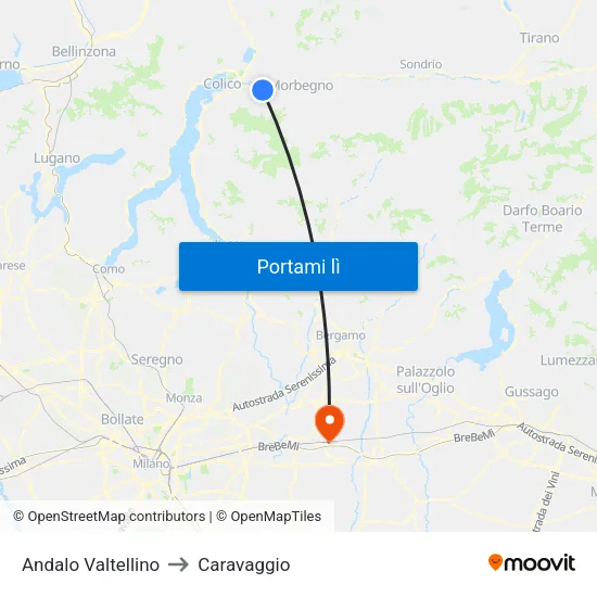 Andalo Valtellino to Caravaggio map