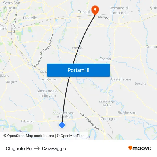 Chignolo Po to Caravaggio map