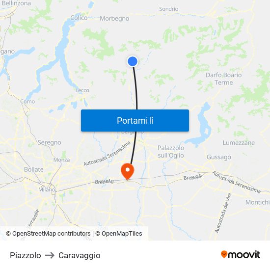 Piazzolo to Caravaggio map