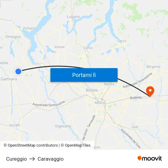 Cureggio to Caravaggio map