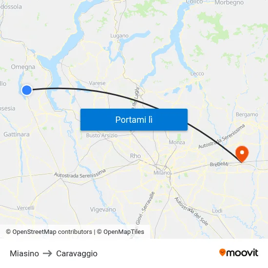Miasino to Caravaggio map