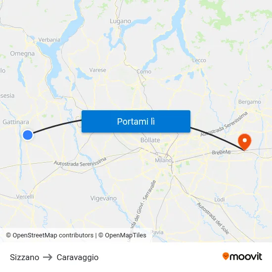 Sizzano to Caravaggio map