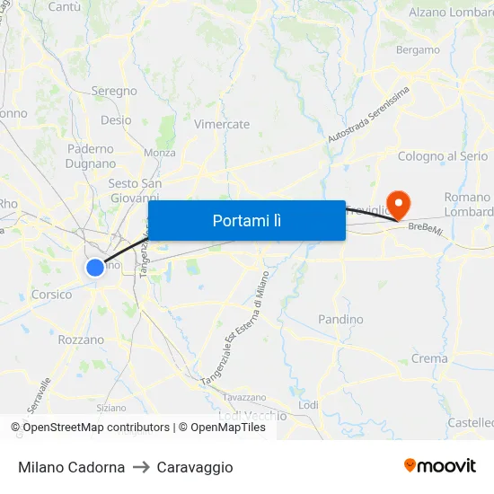 Milano Cadorna to Caravaggio map