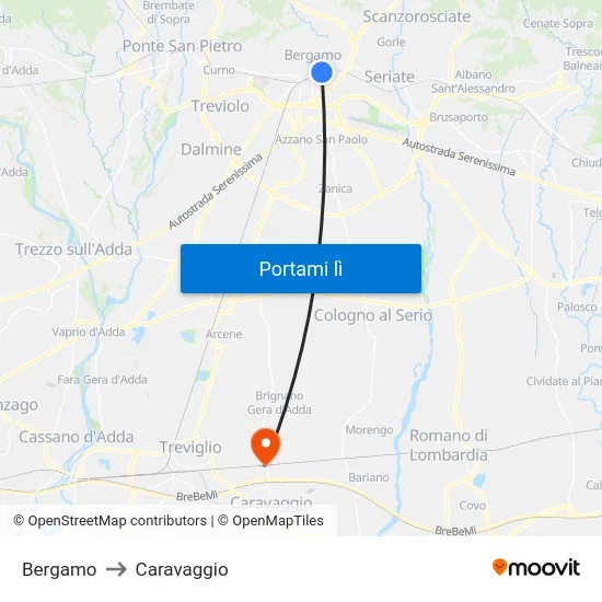 Bergamo to Caravaggio map