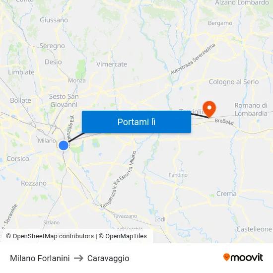 Milano Forlanini to Caravaggio map