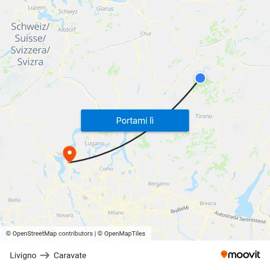 Livigno to Caravate map