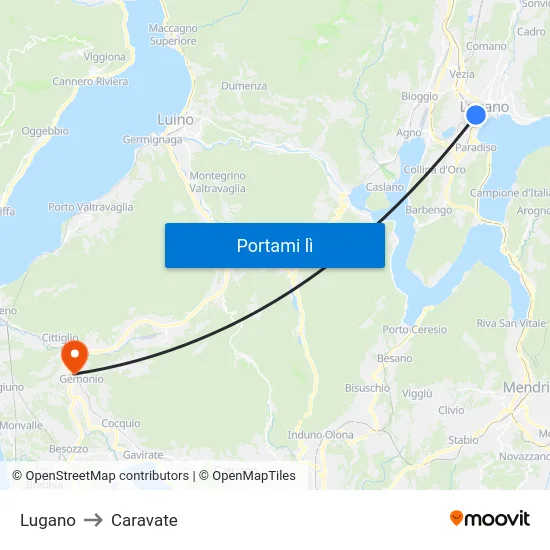 Lugano to Caravate map