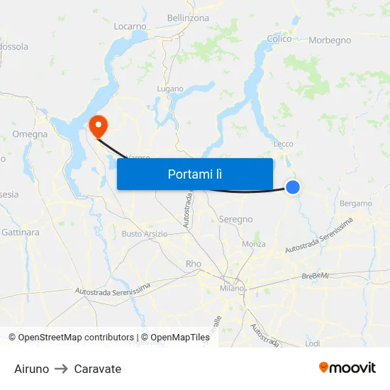 Airuno to Caravate map