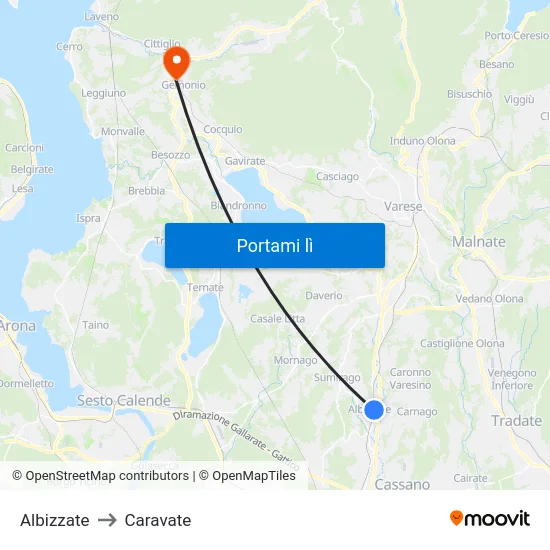 Albizzate to Caravate map