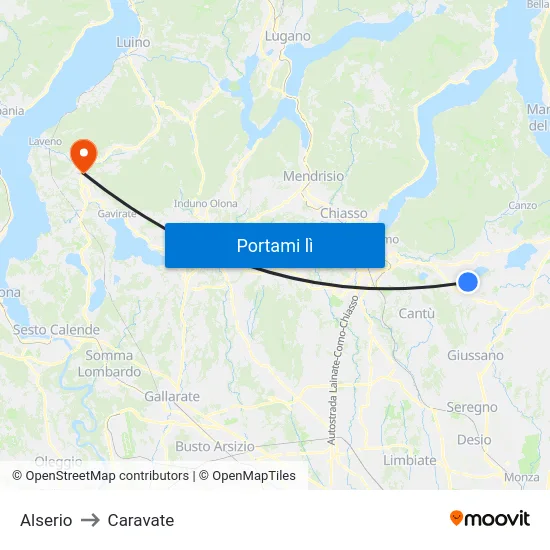 Alserio to Caravate map
