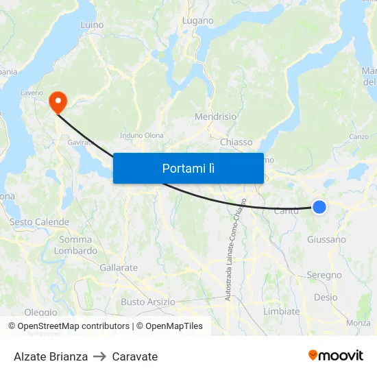 Alzate Brianza to Caravate map