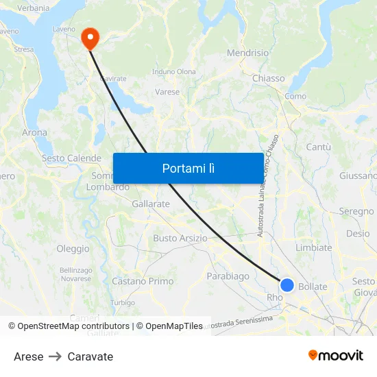 Arese to Caravate map