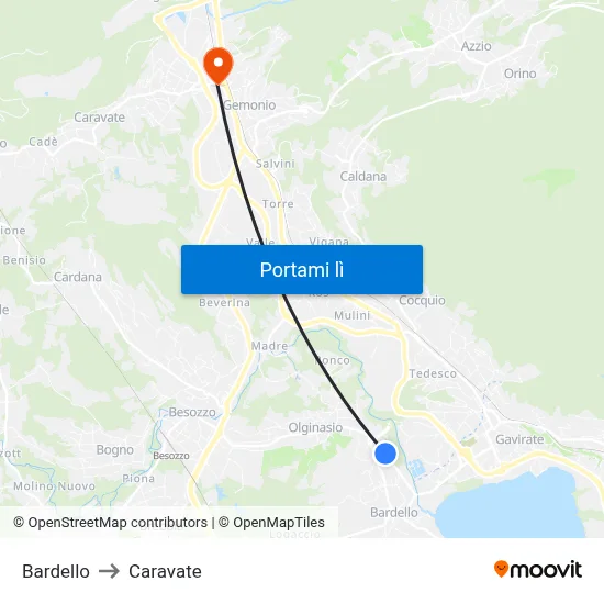 Bardello to Caravate map