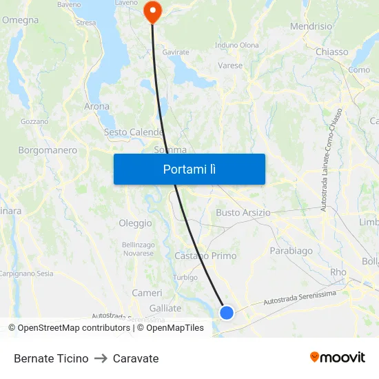 Bernate Ticino to Caravate map